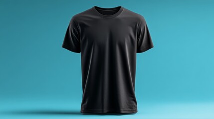 Plain black t-shirt isolated on vibrant blue background for apparel mockup.