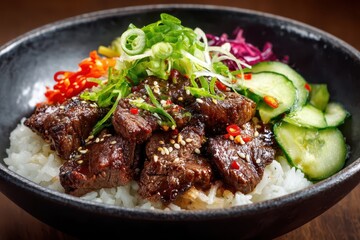 Fototapeta premium Koreanisches Bulgogi mit Rindfleisch und Gemüse serviert auf Reis asiatische Bowl mit mariniertem Fleisch Gurken Karotten Frühlingszwiebeln traditionelles koreanisches Gericht Nahaufnahme Food Fotogra