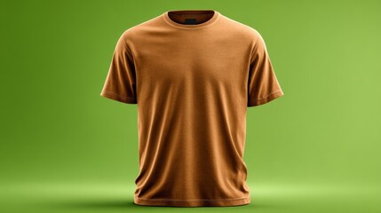 Plain brown t-shirt displayed on green background with soft lighting style.