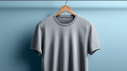 Plain gray short sleeve t-shirt on wooden hanger against light blue wall background.