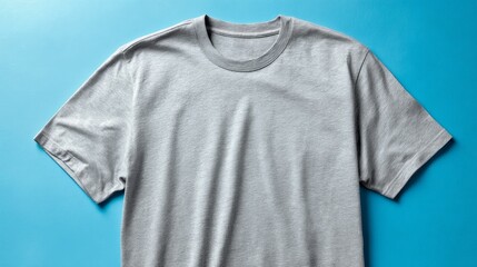 Plain gray t-shirt neatly laid out on vibrant blue background.