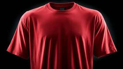 Realistic red t-shirt front view with dramatic lighting on black background.