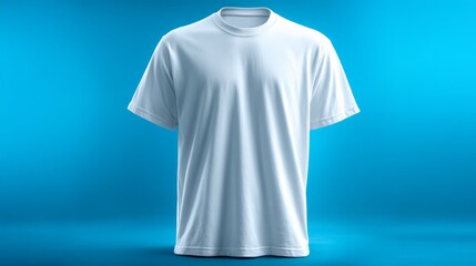 Plain white t-shirt floating on blue background with soft shadows and lighting.