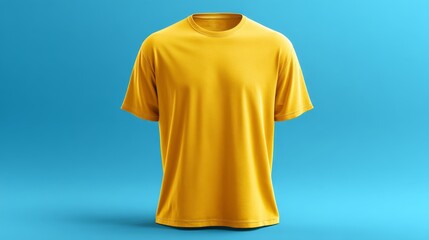 Yellow cotton t-shirt displayed on plain blue background for apparel concept.