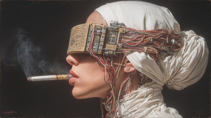 Woman with cybernetic headset and cigarette in surreal futuristic portrait.