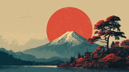 Mount Fuji with red sun and traditional village in stylized retro design.