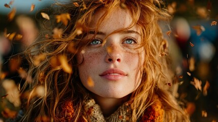 Young woman with red hair and freckles surrounded by falling autumn leaves outdoors.