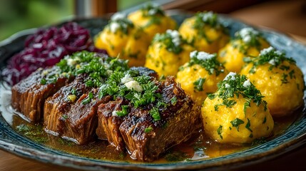 Close up of braised beef with potato dumplings and red cabbage on a decorative plate outdoors