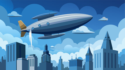 A futuristic airship glided through the clouds its sleek metallic exterior blending in with the flying vehicles that surrounded it in the futuristic skyline.. Vector illustration