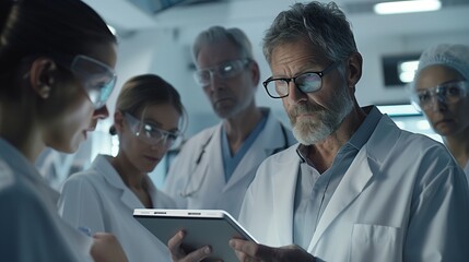 team of doctors in a modern hospital setting, engaged in a focused discussion while analyzing patient data on a digital tablet 