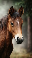 Fototapeta premium Young horse stands in misty forest, showcasing its gentle features and serene expression while surrounded by nature