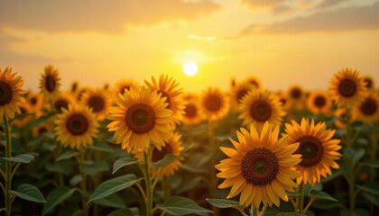 Obraz premium Golden hour bathes a field of vibrant sunflowers in warm light, evoking peace and nature's beauty.