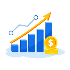Financial growth chart with rising dollar symbol, arrow, graph, profit, business, success, and more