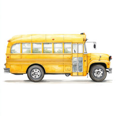 School Bus Painted in Watercolor Style on White Background in Studio