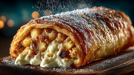 Close up of apple strudel with powdered sugar being sprinkled on top of it on a wooden board