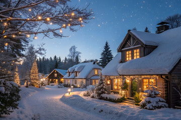 Snowy Christmas village at night, cozy houses with lights, festive winter scene. Magical stars, calm.