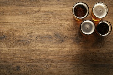 Four frothy craft beer glasses clustered on the top right corner of a warm rustic wooden table, ideal for pub ads, beer blogs, drink menu layouts, and tasting event designs