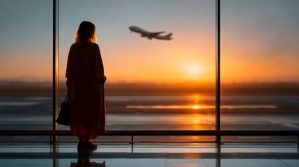 Fototapeta premium A woman stands at an airport window, gazing at the sunset. An airplane departs in the background, symbolizing travel and adventure. The sky is painted in vibrant hues as she waits