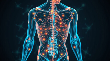 Translucent human body anatomy with glowing neural pathways and spine