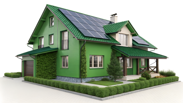 Modern eco-friendly house with solar panels and green exterior on a transparent background png