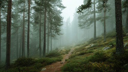 Misty Forest Path Through Pine Trees in Early Morning Fog