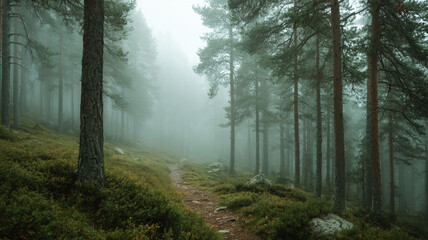 Misty Forest Path Through Pine Trees in Early Morning Fog