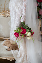 Bride in lace dress holding red, white, and pink rose bouquet standing next to small dog lying on vintage upholstered sofa. Studio wedding photography. Bridal preparation and wedding morning concept. 