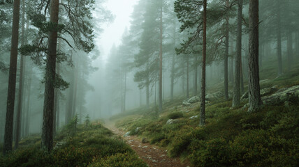 Misty Forest Path Through Pine Trees in Early Morning Fog