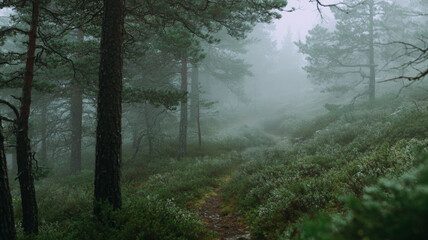 Narrow Forest Trail in a Misty Pine Woodland Covered with Green Vegetation on a Foggy Morning