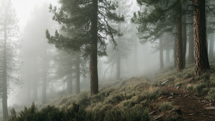 Foggy Pine Forest on a Mountain Slope with Trail and Misty Atmosphere in the Early Morning Light