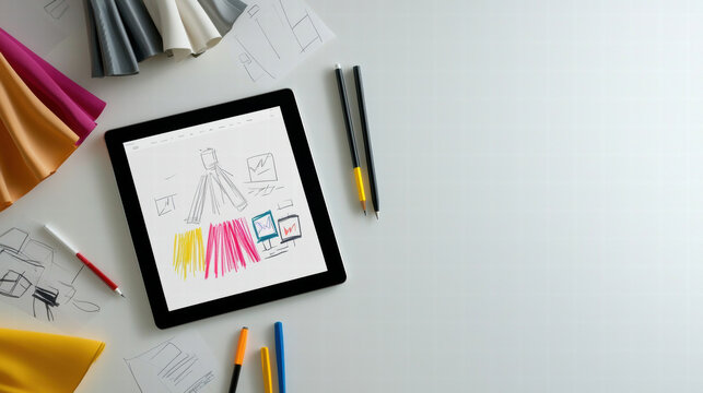 Creative workspace with sketches and fabric swatches on table, showcasing design ideas and color palettes
