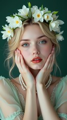 Naklejka premium Light crown and glowing cheeks: floral concept in pastel light