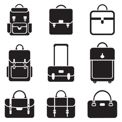 Black and White Bag Icon Set, Vector Collection