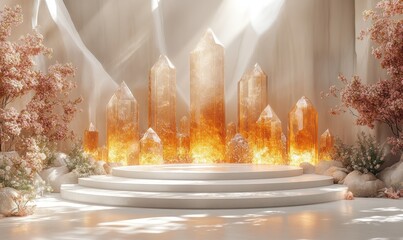 Light-filled stage with translucent crystals and soft lighting.