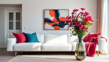 Contemporary living space showcasing a white sofa, vibrant floral arrangement, and abstract art