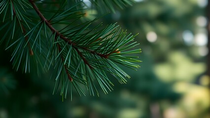 Obraz premium Close-up of a vibrant green pine branch, showcasing fresh needles against a blurred natural backdrop.