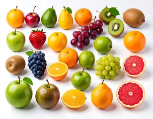 Colorful array of whole and halved fruits arranged on white background