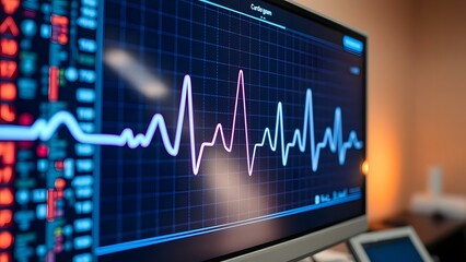 Medical monitor displaying a cardiogram graph, showcasing heart rhythm and vital signs analysis.