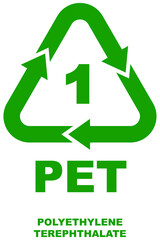 Plastic recycling code icon, green color triangle with arrows and number 1 inside. PET letters for polyethylene terephthalate recycling on isolated background.
