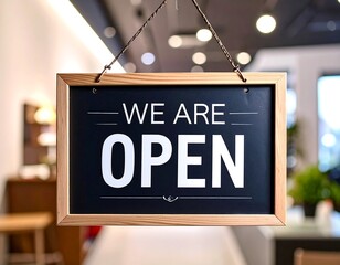 A wooden-framed chalkboard sign, hanging, announces "We Are Open" in a stylish font against a blurred interior shop backdrop