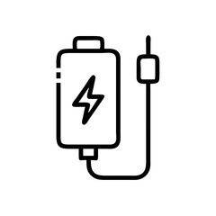 Charging battery icon with charging cable in simple outline design  