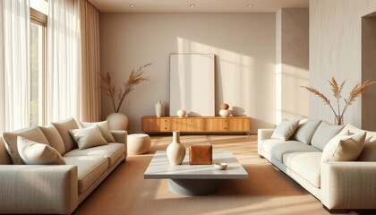 Modern living room interior with two beige sofas, square coffee table, wooden sideboard, and decorative vases, filled with natural light for a warm and stylish minimalist home design.