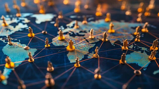 Global Network Depicted by Figures Placed on a World Map with Connections