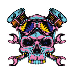 Skull in motorcycle goggles with wrenches and engine in the background. Vintage illustration. T-shirt design, emblem