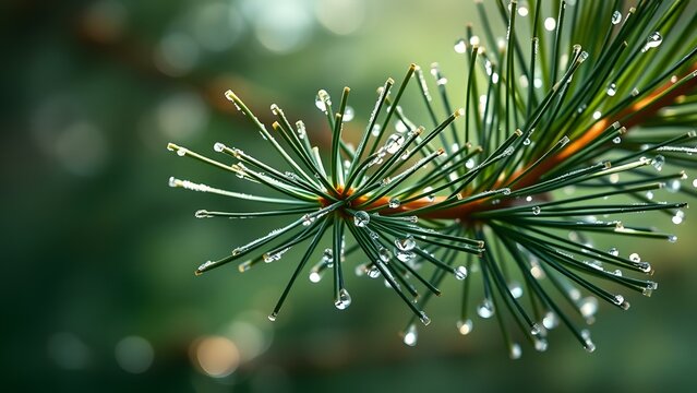 Capture the beauty of nature with dewdrops adorning a vibrant pine branch in a serene green background. - Powered by Adobe