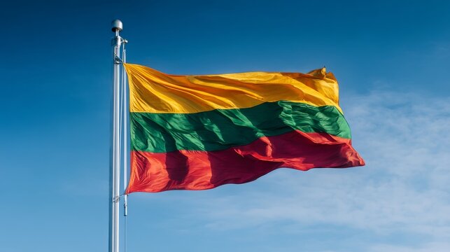 Celebrating Lithuania's Independence Day with a vibrant display of the national flag waving in the breeze