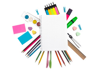 Stationery mock up featuring a blank notepad surrounded by colorful pens, markers, sticky notes, and art supplies, ideal for creative projects and educational materials