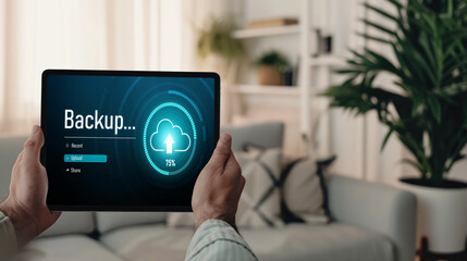 Backup Storage Data Internet Technology Business concept. Database storage cloud technology file data transfer sharing, cyber, big data information, internet banking application download upload brisk