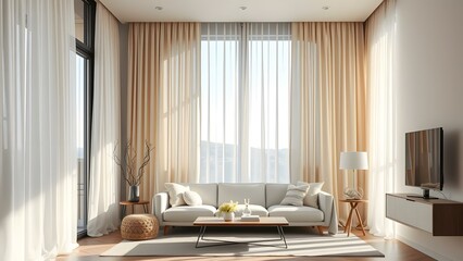 A serene and bright living room featuring elegant curtains, stylish furniture, and a cozy atmosphere.