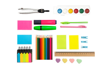 Colorful stationery supplies arranged neatly on a white background, featuring markers, sticky notes, colored pencils, and various tools for creative projects and organization